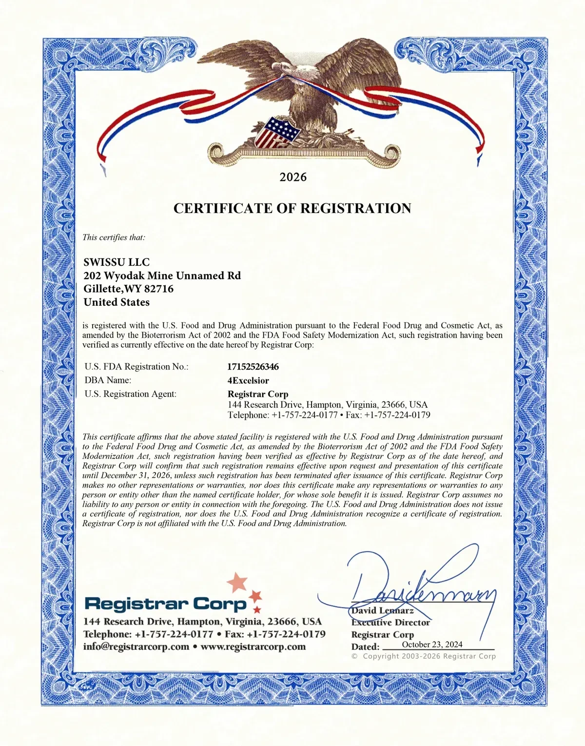 Certificado de Registro FDA - SWISSU LLC